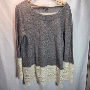 Hannah Women's XL Gray Sweater Off White Lace Cuffs Hem Casual Boho